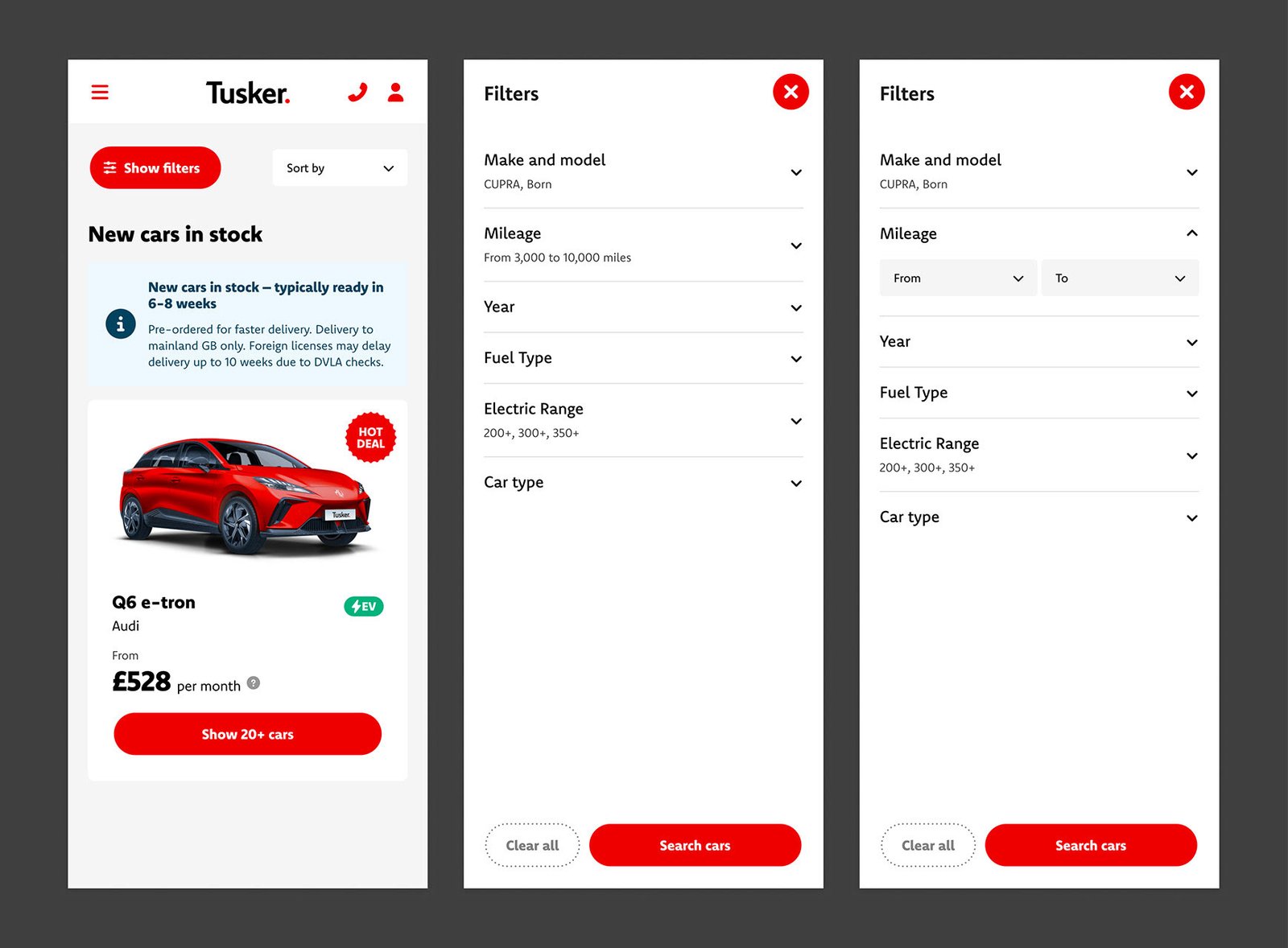 Mobile page example showing filters
